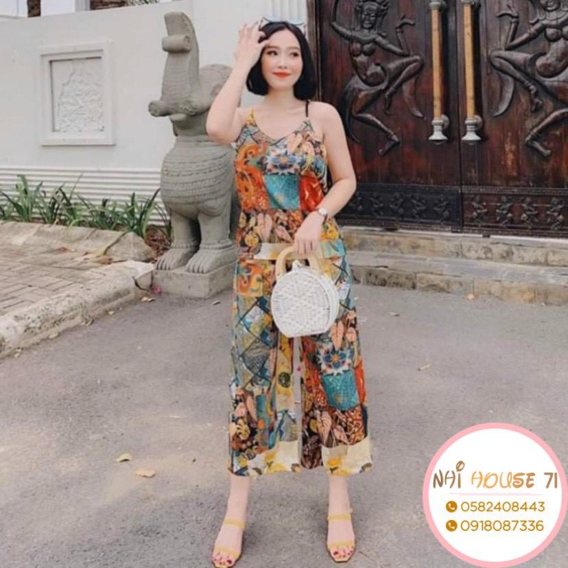 Set Bộ Thổ Cẩm NHIHOUSE71 Áo 2 Dây Cổ V Lưng Yếm Quần Ống Suông Freesize Dưới 55kg