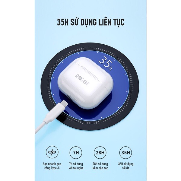 Tai Nghe Bluetooth True Wireless ROBOT T50 In Ear - Chống Nước IPX4, Thời Gian Sử Dụng Lên Đến 35h - Hàng Chính Hãng