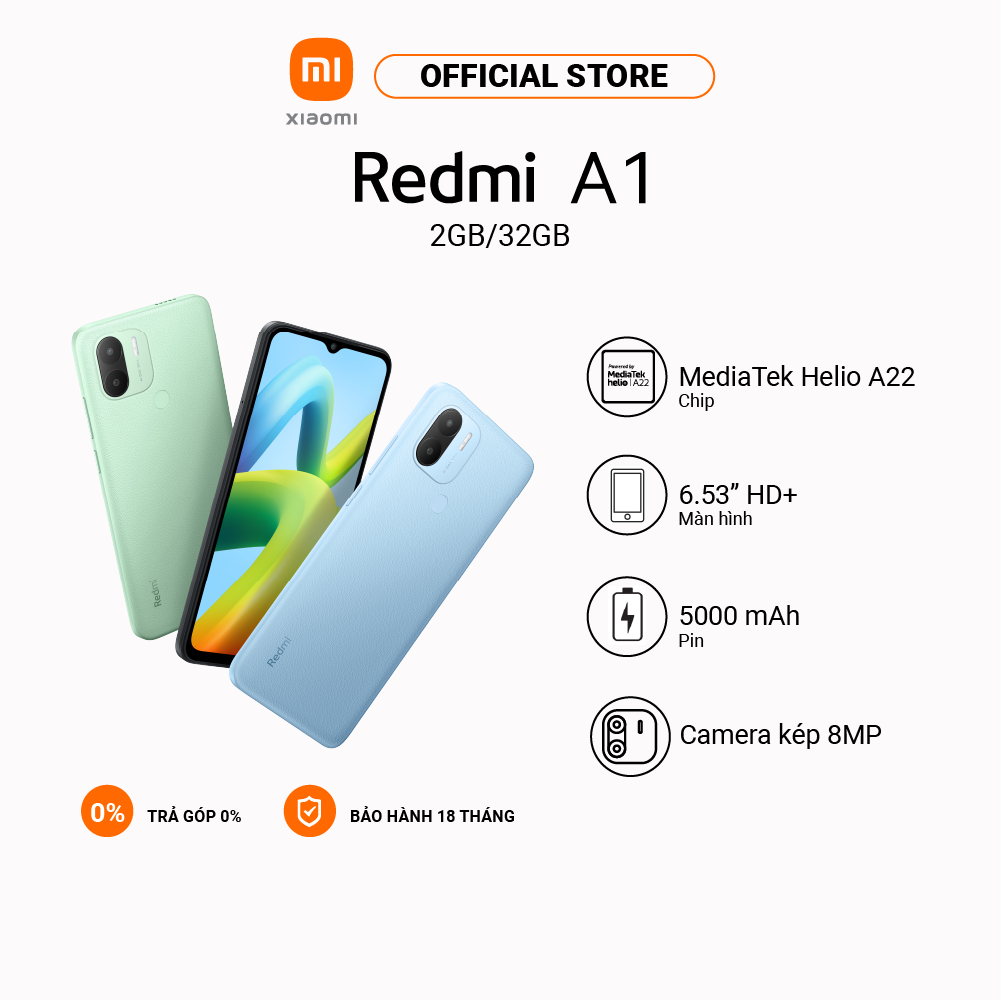 Điện thoại Xiaomi Redmi A1 2GB + 32GB Camera kép - Pin 5000mAh - Màn hình độ phân giải HD+ - Hàng chính hãng