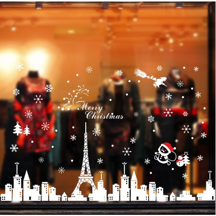 Decal Dán Kính Trang Trí Noel YJ6 Decal Giáng Sinh Decal Noel Bông Hoa Tuyết Ông Già Noel Phố Đêm Paris