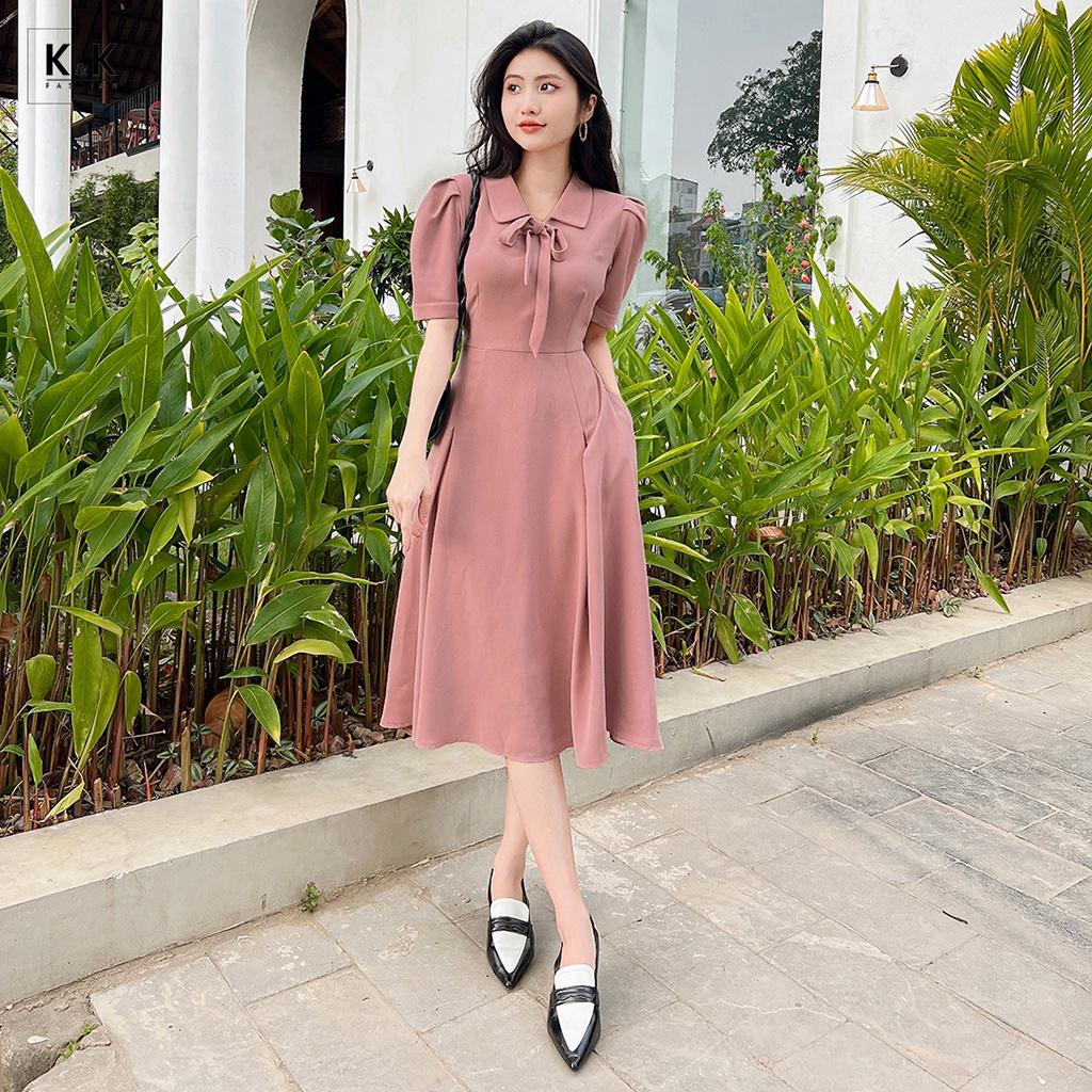 Đầm Xòe Công Sở Màu Hồng Cổ Sen K&amp;K Fashion KK140-02 Chất Liệu Tuyết Sa Cát