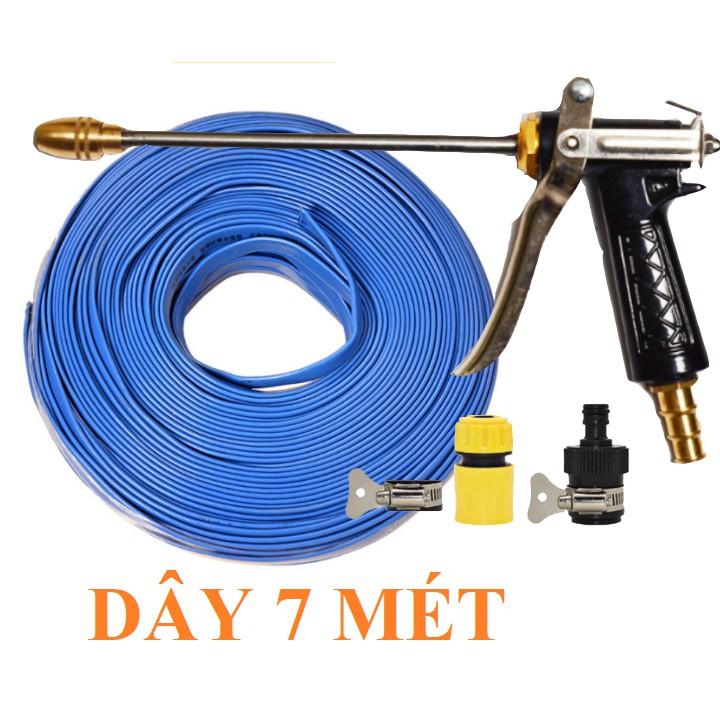 Bộ dây vòi xịt bơm nước tưới rửa , tăng áp 3 lần, loại 7m, 10m 206318 đầu đồng,đai,nối nhựa đen+ đai