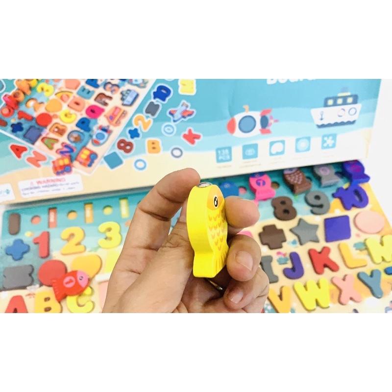 Bộ đồ chơi giáo dục câu cá, thả vòng, nhận biết số, hình khối, chữ cái, phương tiện giao thông, phép tính gỗ