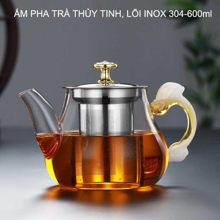 Ấm pha trà bằng thủy tinh có bộ lọc bằng inox 304, loại dung tích 600ml