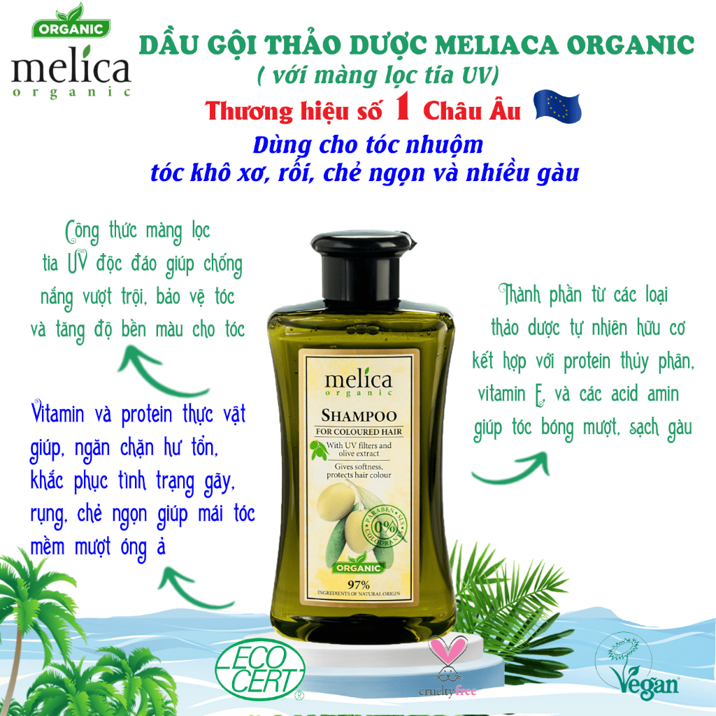 Dầu gội thảo dược hữu cơ dùng cho tóc nhuộm, xơ rối, chẻ ngọn, nhiều gàu Melica Organic 300ml Olive &amp; màng lọc UV