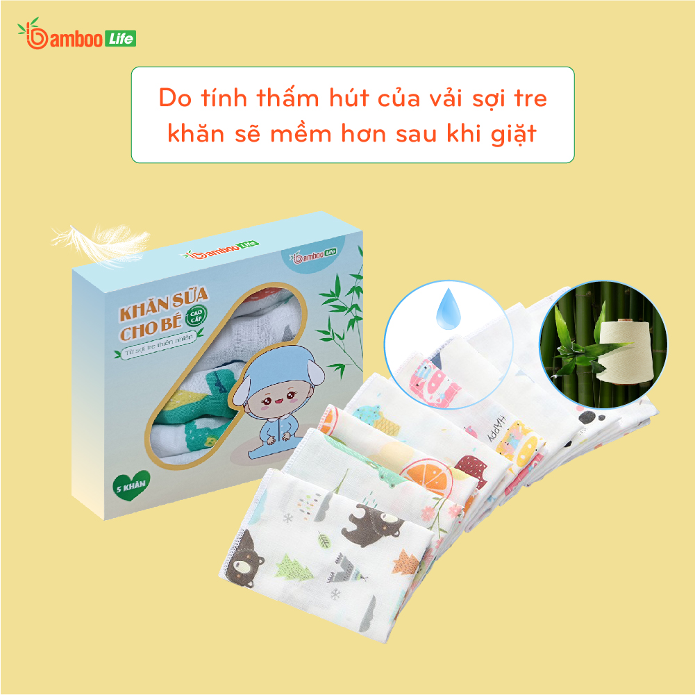 Set 5 khăn sữa sợi tre Bamboo Life cho bé kích thước 30x30 cm mềm mịn thấm hút kháng khuẩn an toàn cho bé sơ sinh