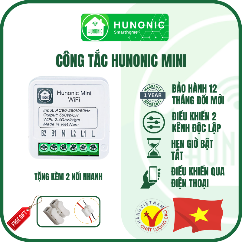 Công tắc Wifi Hunonic Mini 2 kênh 500W/kênh - LẮP SAU CÔNG TẮC ÂM TƯỜNG - Điều khiển từ xa bằng điện thoại