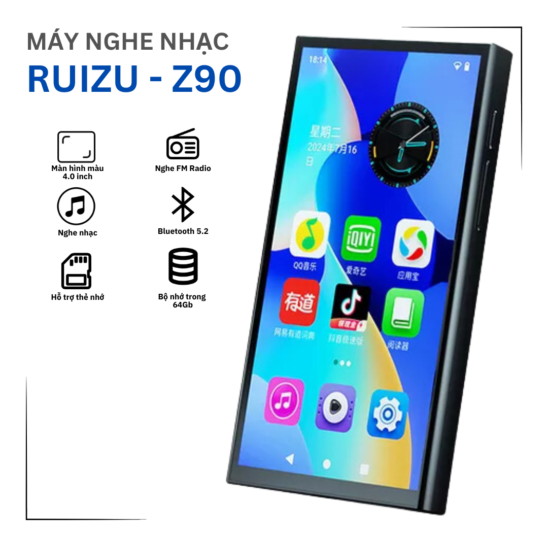 Ruizu Z90 Máy Nghe Nhạc Android WiFi/Bluetooth  Màn hình Full HD 4.0 inch, RAM 4GB, ROM 64GB, Android 10  Xem YouTube, tải App dễ dàng  Pin 2200mAh, 20h nghe nhạc  Jack 3.5mm HiFi, chế độ đọc sách  Tiếng Việt dễ sử dụng - Hàng Nhập Khẩu