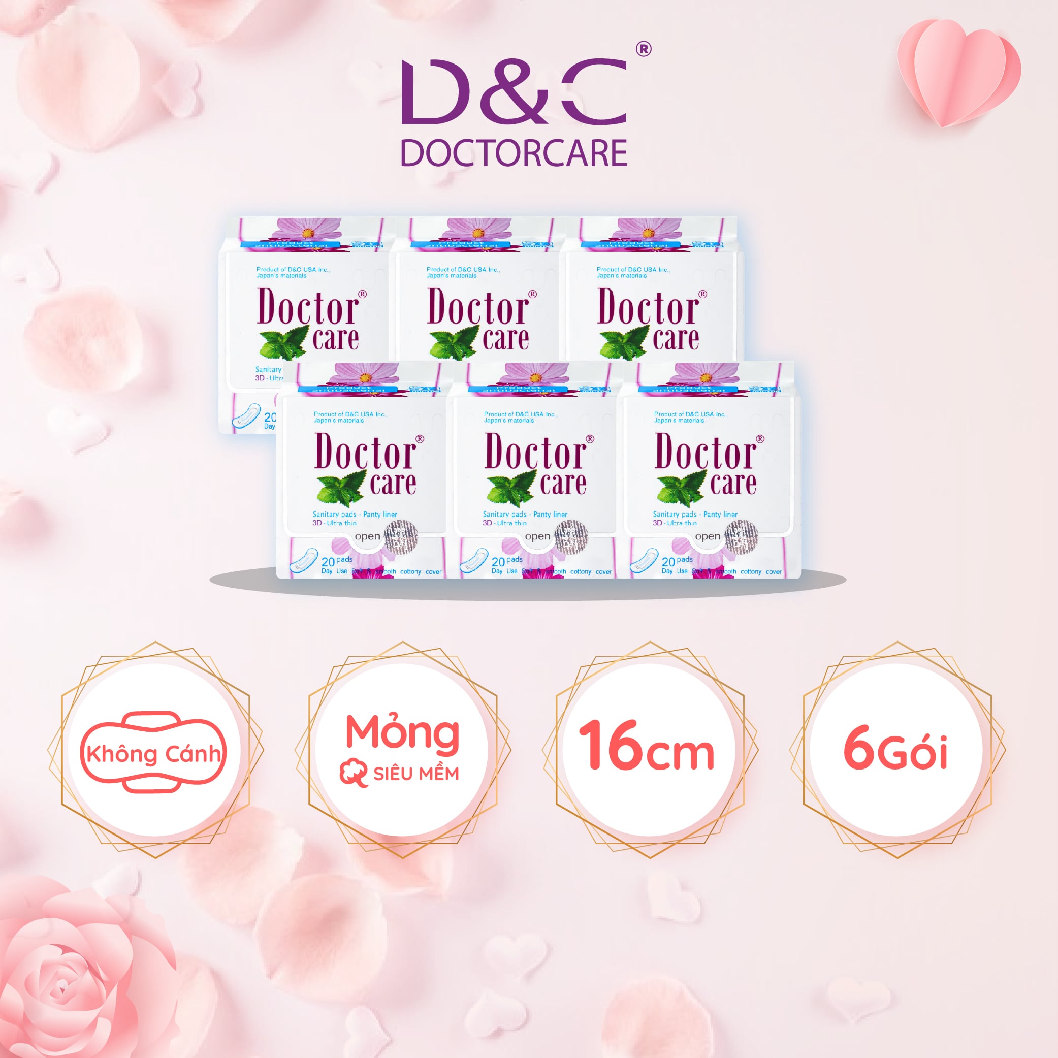 Combo 6 Băng vệ sinh hàng ngày thảo dược Doctor Care 16 cm siêu khô thoáng cả ngày dài