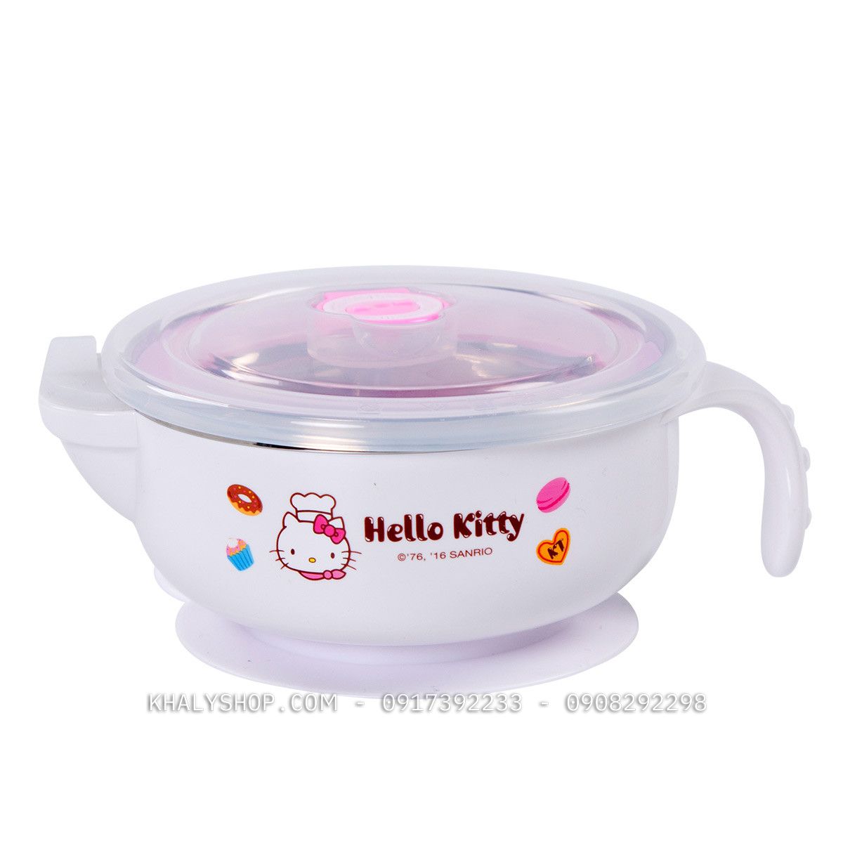 Tô ,chén giữ nhiệt inox có quai cầm tay hình mèo Hello Kitty màu trắng cho bé gái (17cm x 8cm) - CMKT002