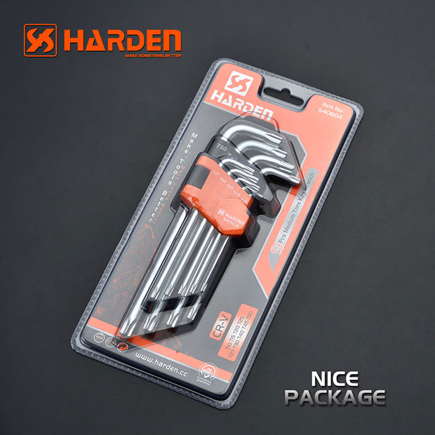 Bộ Lục Giác Đầu Sao 09 Chi Tiết HARDEN 540604 Loại Trung Bình, Hàng Chính Hãng, Được Làm Từ Chất Liệu Thép Chrome Vanadium, Độ Cứng Cao. Sản Phẩm Đựng Trong Vỉ Nhựa Tiện Lợi Và Bền Đẹp. Thông số kỹ thuật : T10, T15, T20, T25, T27, T30, T40, T45, T50 mm