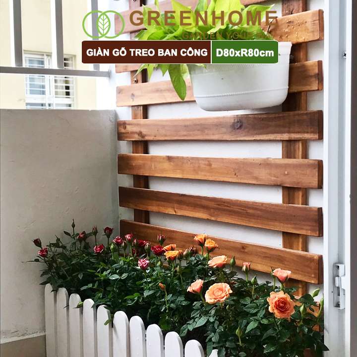 Giàn gỗ treo ban công, Greenhome, R80xC80cm, gỗ tràm siêu bền, màu gỗ, làm khung hoa hồng leo, bông giấy