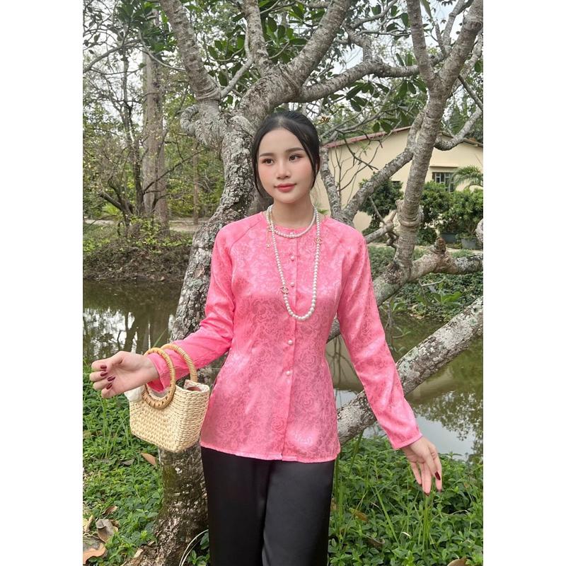 [PHỐI QUẦN ĐEN] SET BÀ BA GẤM TAY DÀI CỔ TRÒN PHỐI QUẦN LỤA SATIN TRƠN MỀM LƯNG THUN - ĐỎ + QUẦN ĐEN