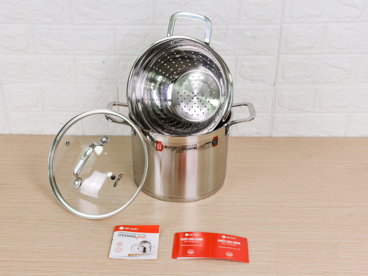 Bộ nồi xửng hấp Inox 304 Elmich EL3361 26cm nắp kính dùng bếp từ - Hàng chính hãng