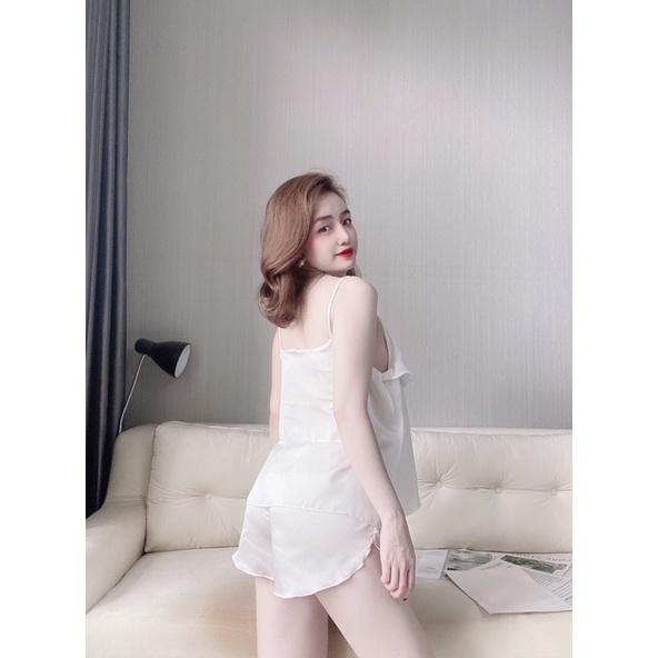Đồ ngủ sexy nữ, Bộ đồ ngủ hai dây, Bộ ngủ đùi satin loại một mềm mịn mát