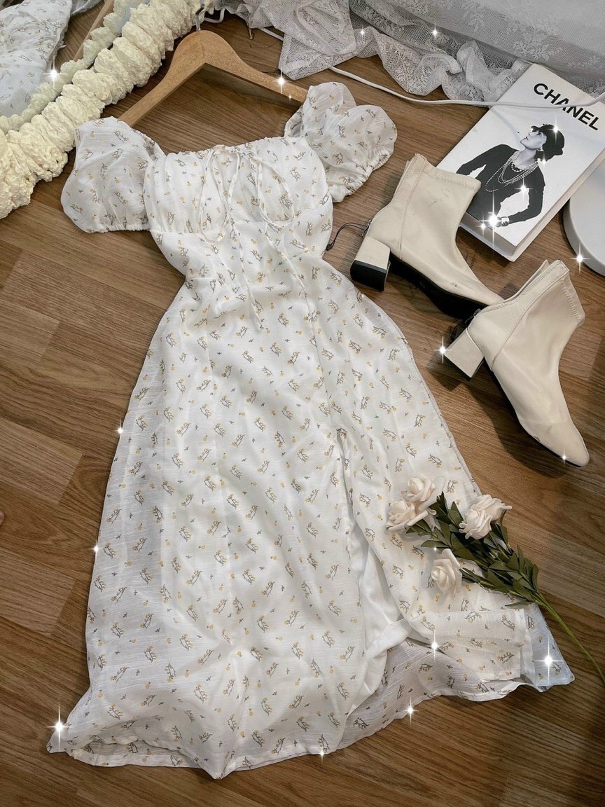 Đầm maxi hoa nhí cổ vuông nơ ngực