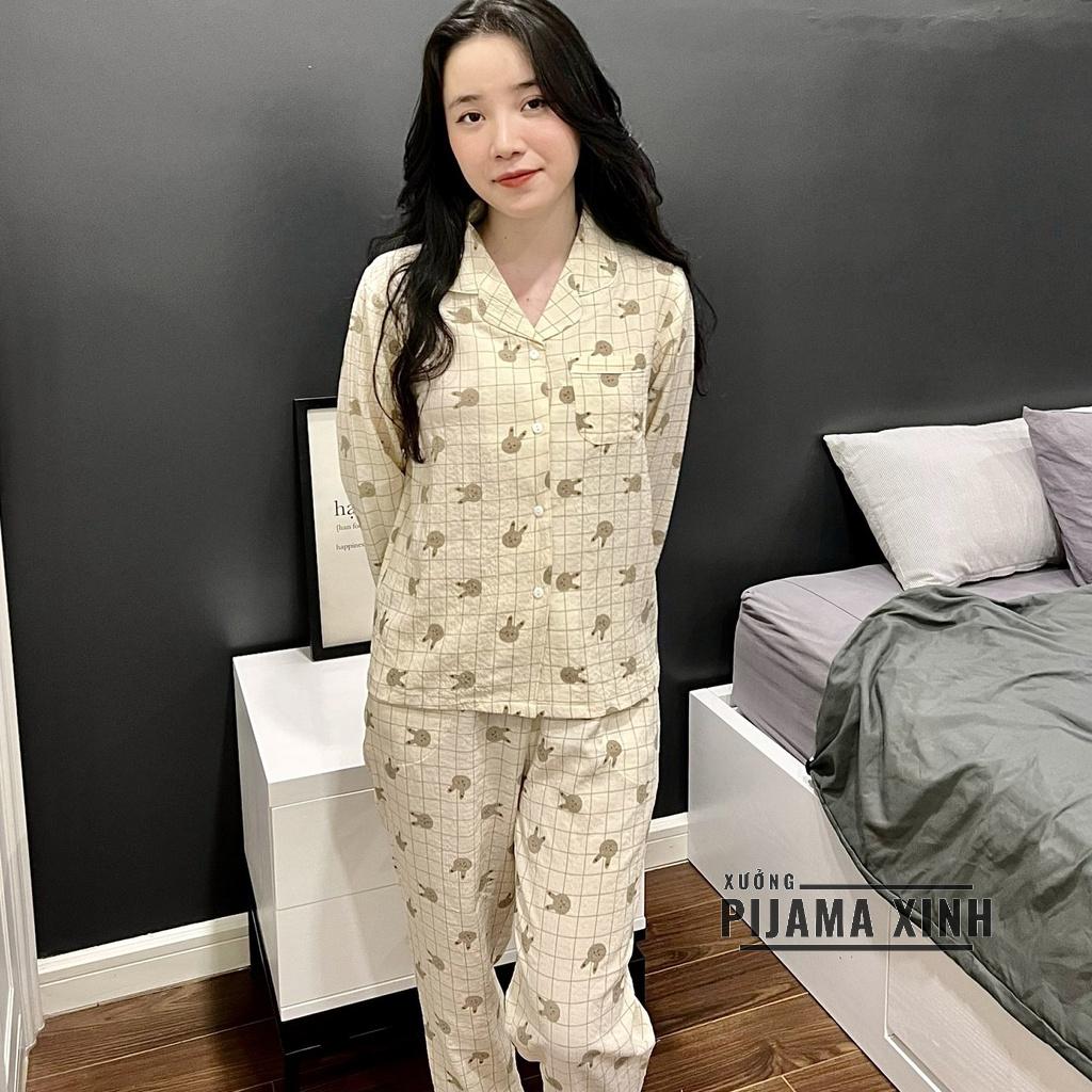 Bộ ngủ pijama mặc nhà dài tay họa tiếtThỏ kẻ chất đũi xốp thoáng mát thấm hút mồ hôi