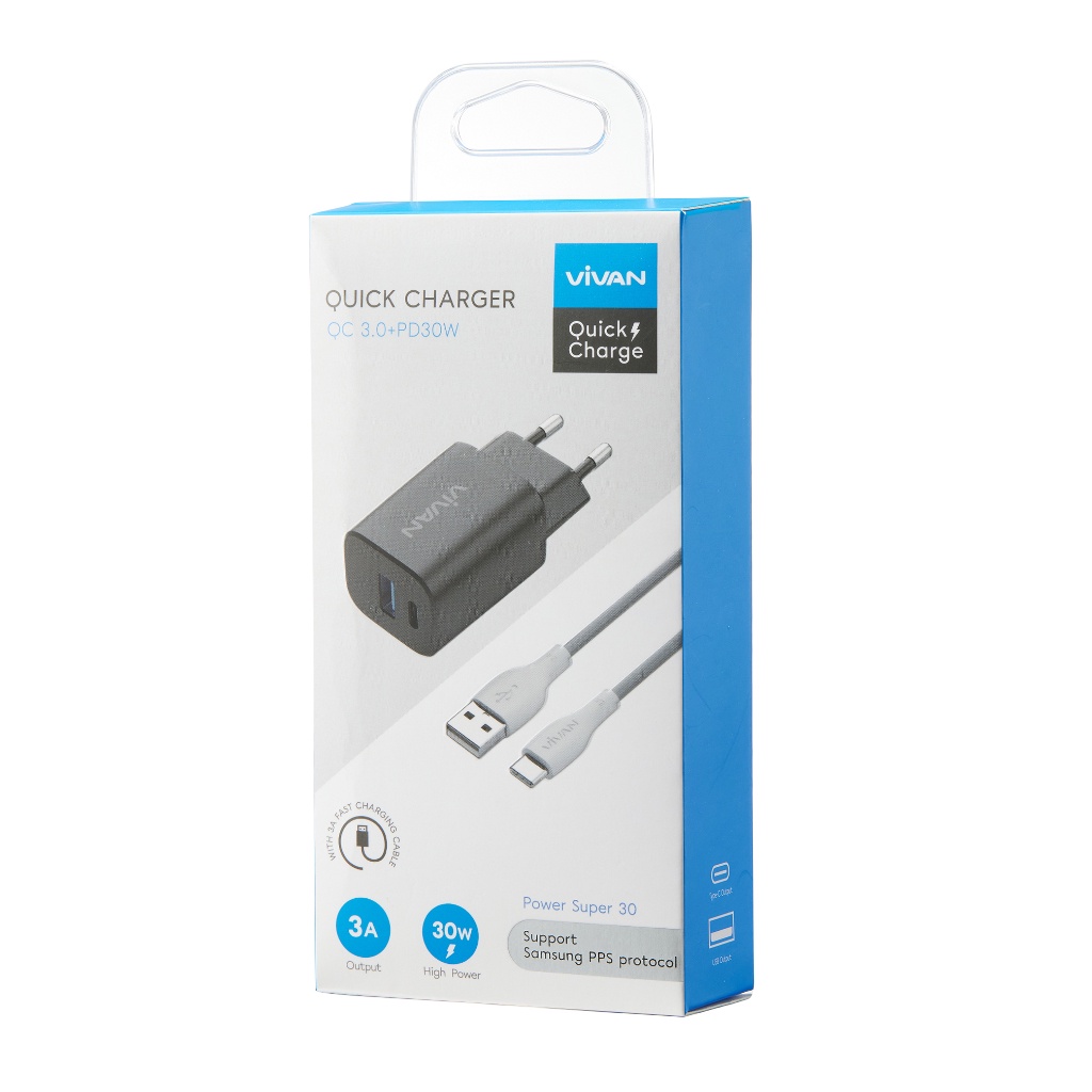 Cốc Sạc Nhanh VIVAN Power Super 30 Công Suất 30W 2 Cổng USB &amp; Type-C Sạc Nhanh Chuẩn QC 3.0 PD Kèm cáp Type-C - Hàng Chính Hãng