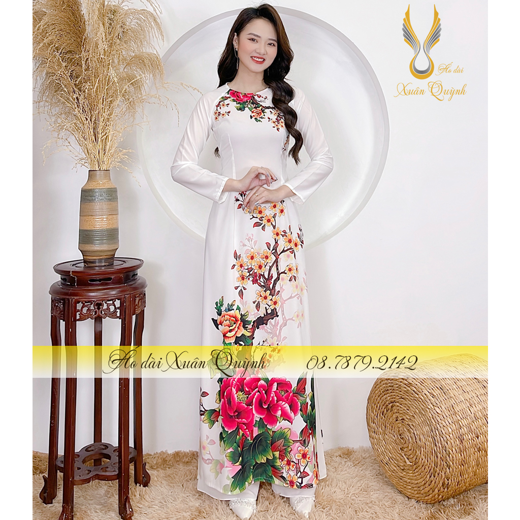 Áo Dài Hoạ Tiết Hoa Mẫu Đơn Đỏ, Thanh Lịch, Duyên Dáng Lụa Habutai Cao Cấp K86