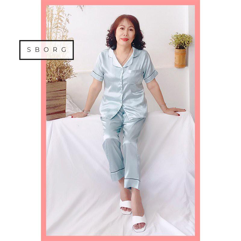 Đồ bộ ngủ trung niên SBORG Pijama Bộ lụa vải gấm mặc nhà tay ngắn quần dài sang trọng có túi quà tặng mẹ có Bi