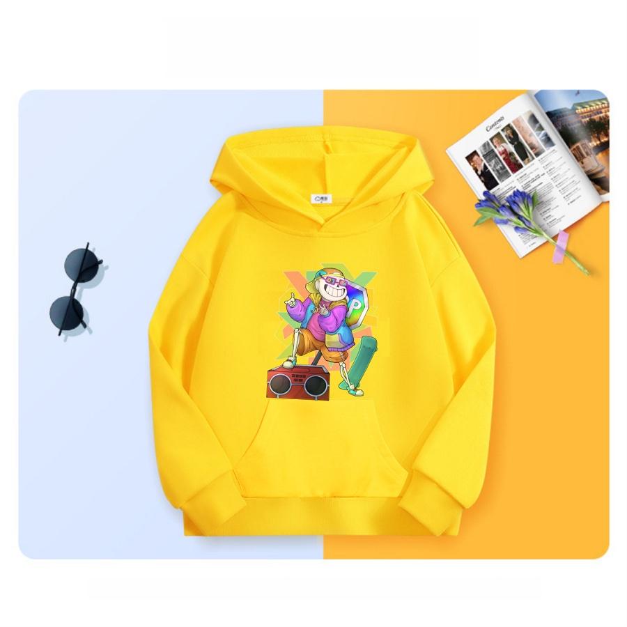 Áo khoác hoodie màu vàng chui đầu in hình Sans cực chất cho bé trai bé gái