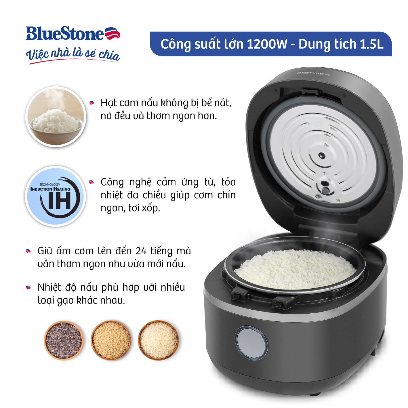 [Trả Góp 0%] Nồi Cơm Điện Tử Cao Tần BlueStone RCB-5991- 1,5 lít - 1200W - Bảo hành 2 năm - Hàng chính hãng