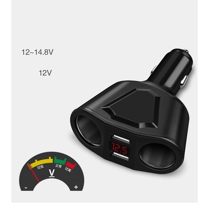Bộ Chia Tẩu Sạc Xe Hơi Ô Tô 2 Nguồn 2 Usb Báo Điện Áp