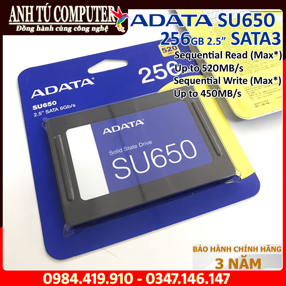 Ổ CỨNG SSD ADATA SU650 256GB 2.5″ Sata III hàng chính hãng