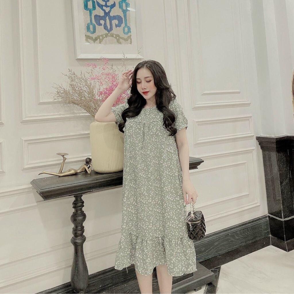 Váy bầu thiết kế dáng suông dài VBCN01 hoa nhí chất lụa hàn freesize từ 45-70kg