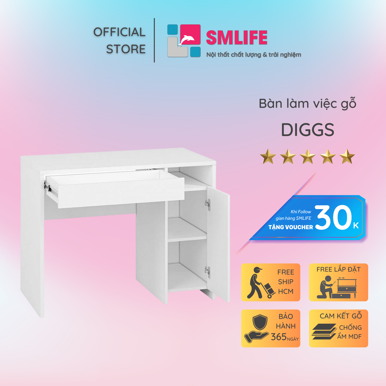 Bàn làm việc, bàn học gỗ hiện đại SMLIFE Diggs | Gỗ MDF dày 17mm chống ẩm | D105xR50xC75cm