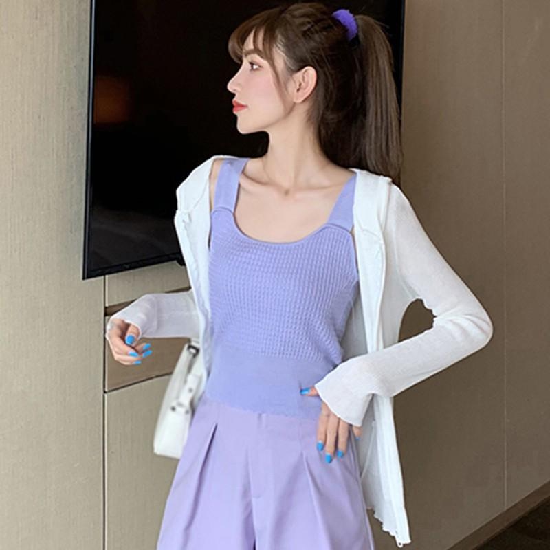 Áo Croptop Dệt Kim Sát Nách Cổ Vuông Màu Trơn Xinh Xắn Cho Nữ