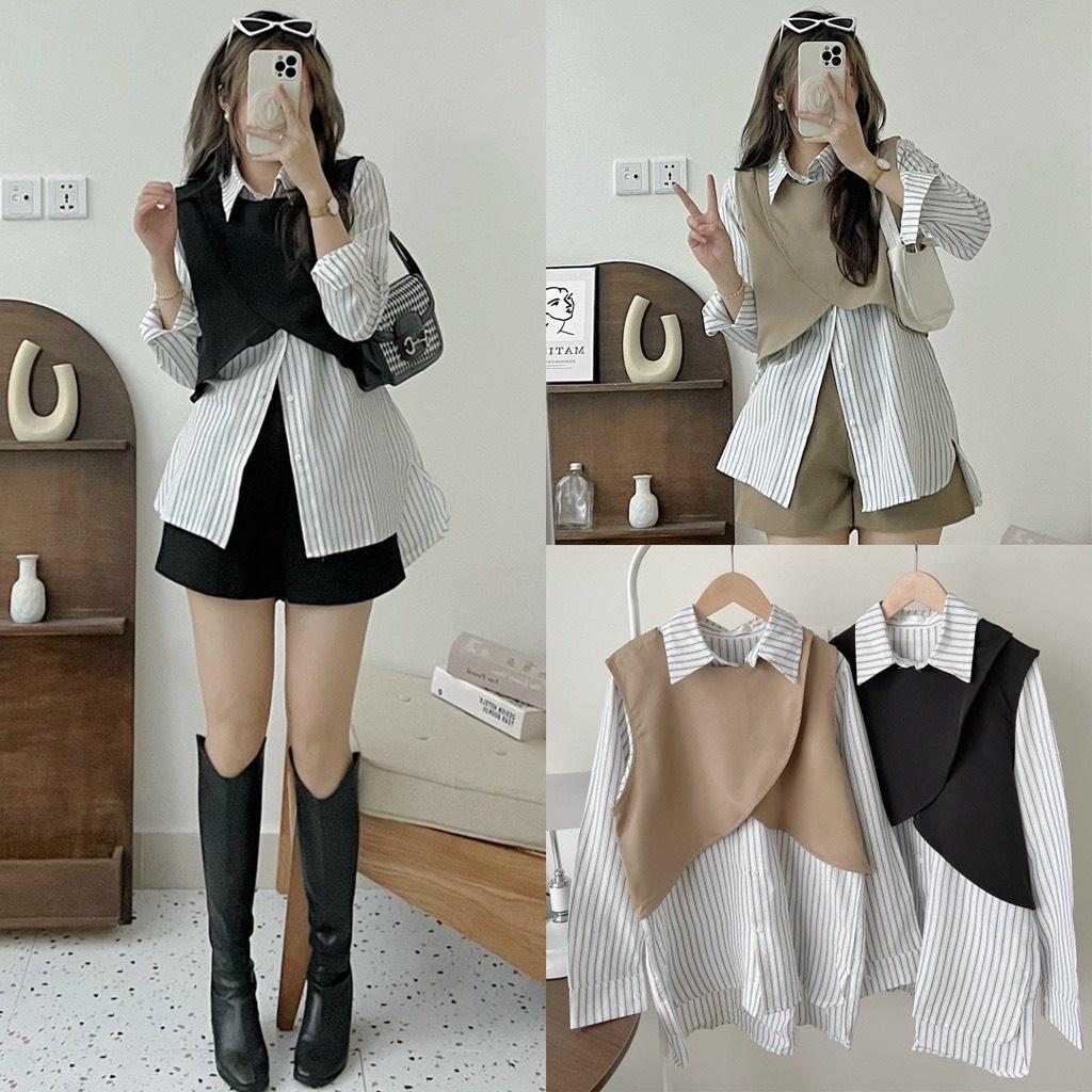 Áo sơ mi kẻ sọc dáng rộng kèm áo gile phối vạt chéo EMIX, dài tay, freesize dưới 53kg, chất thô boil 2911