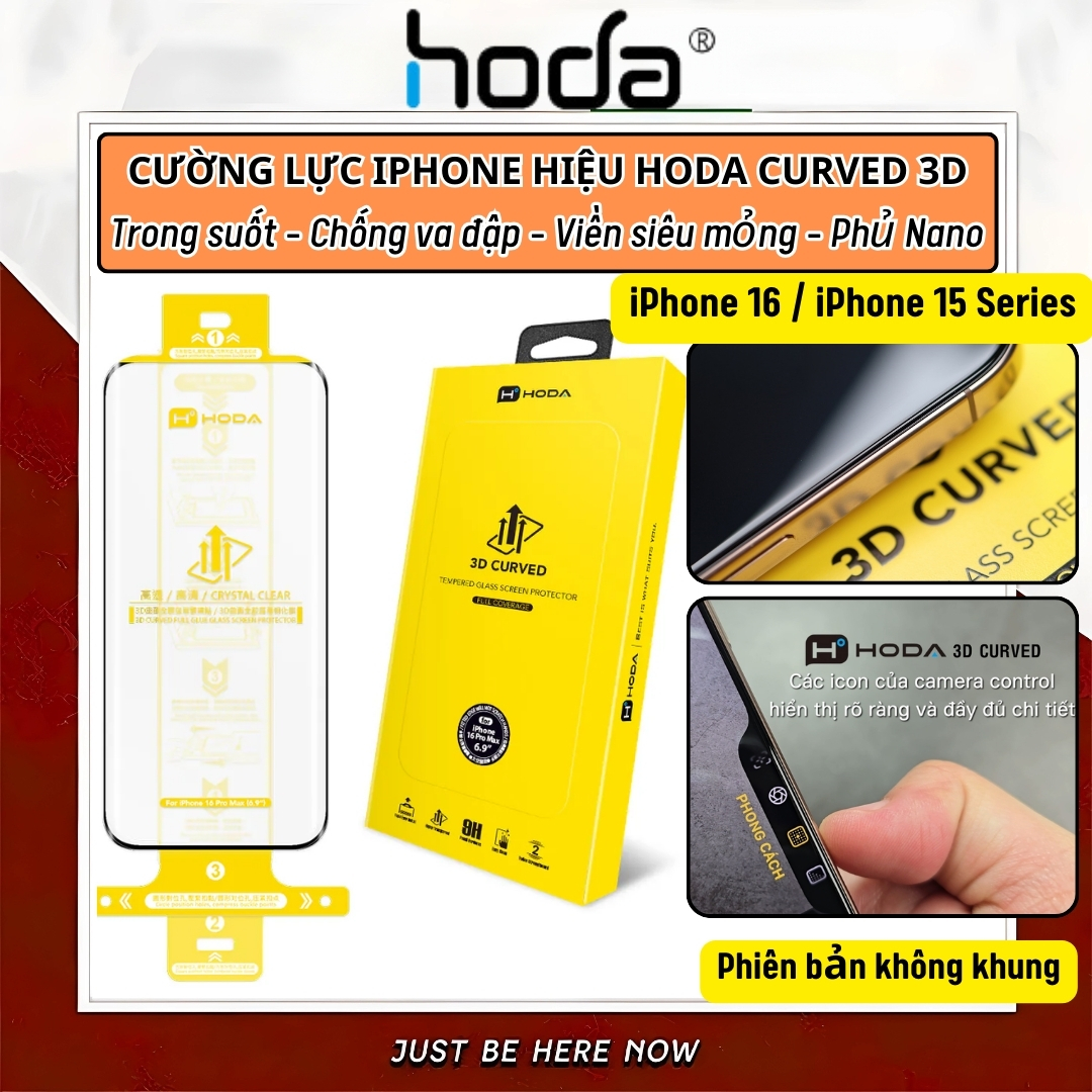 Kính cường lực viền siêu mỏng hiệu Hoda Curved 3D cho iPhone 16 Pro Max iP 15 Pro Max 16 Plus 15 Plus -Không lẹm viền, Phủ Nano, vát cạnh 3D, độ cứng 9H - Hàng nhập khẩu