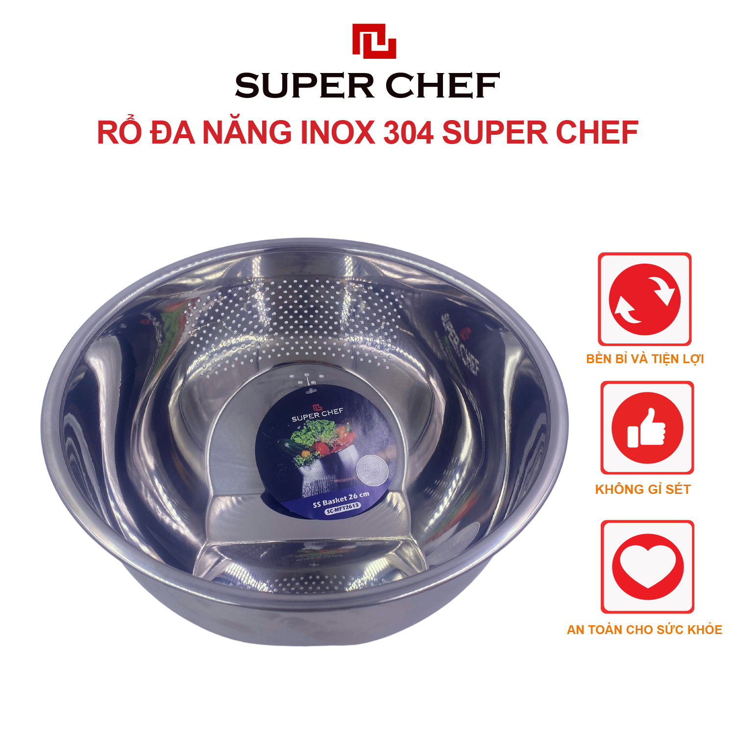 Rổ đa năng inox 304 Super Chef đa năng, tiện dụng 26 cm