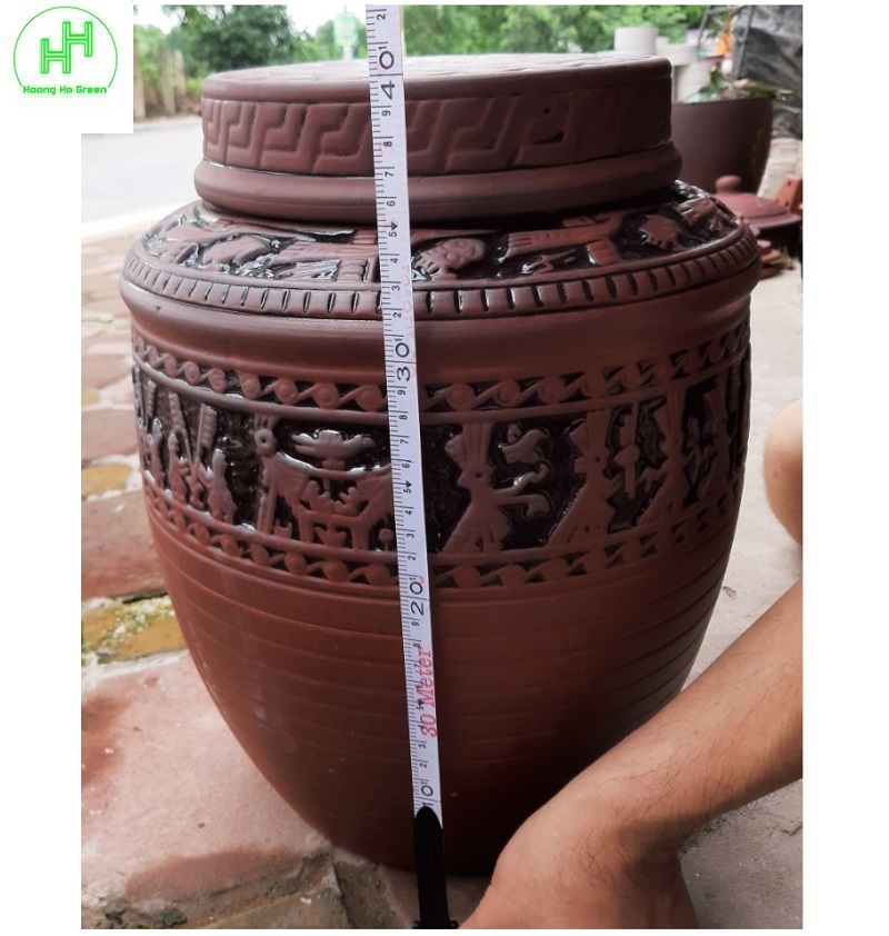 Bình, Chum, Vại ngâm r ượu chạm khắc họa tiết trống đồng, chất liệu Sành Bát Tràng, dung tích 20L