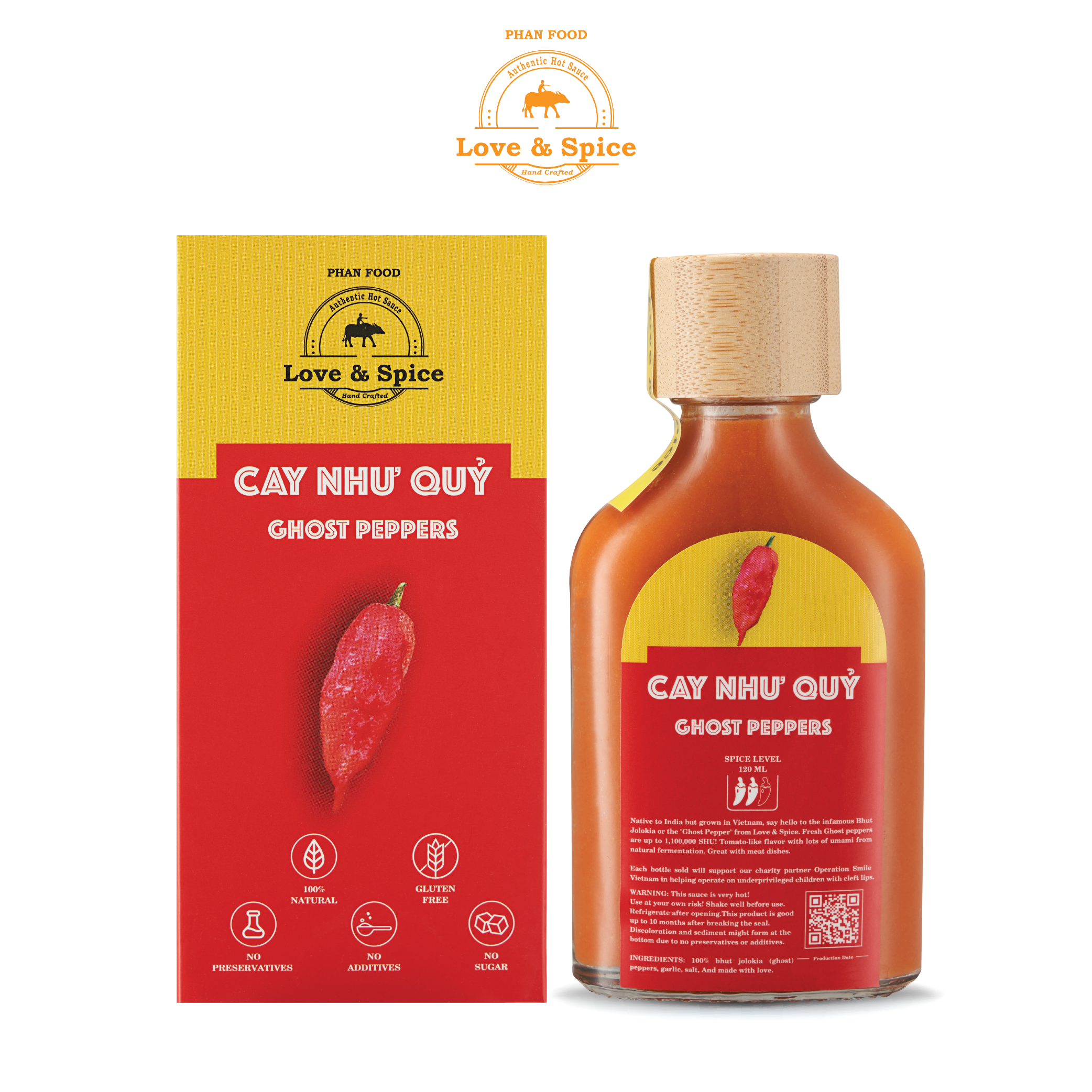 CAY NHƯ QUỶ - Combo 2 chai tương ớt siêu cay Love &amp; Spice (cấp độ 2) lên men tự nhiên từ ớt Ghost Pepper chai 120ml x 2