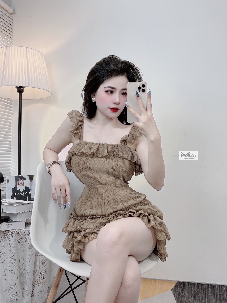 Váy 3 tầng cánh tiên, đầm thiết kế sang chảnh màu nâu siêu tôn da