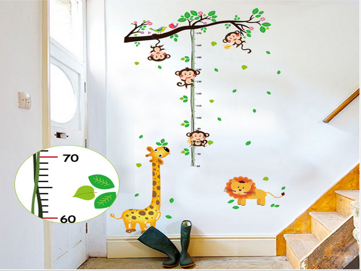 decal dán tường thước đo chiều cao hươu cao cổ và khỉ ngộ nghĩnh sk9128