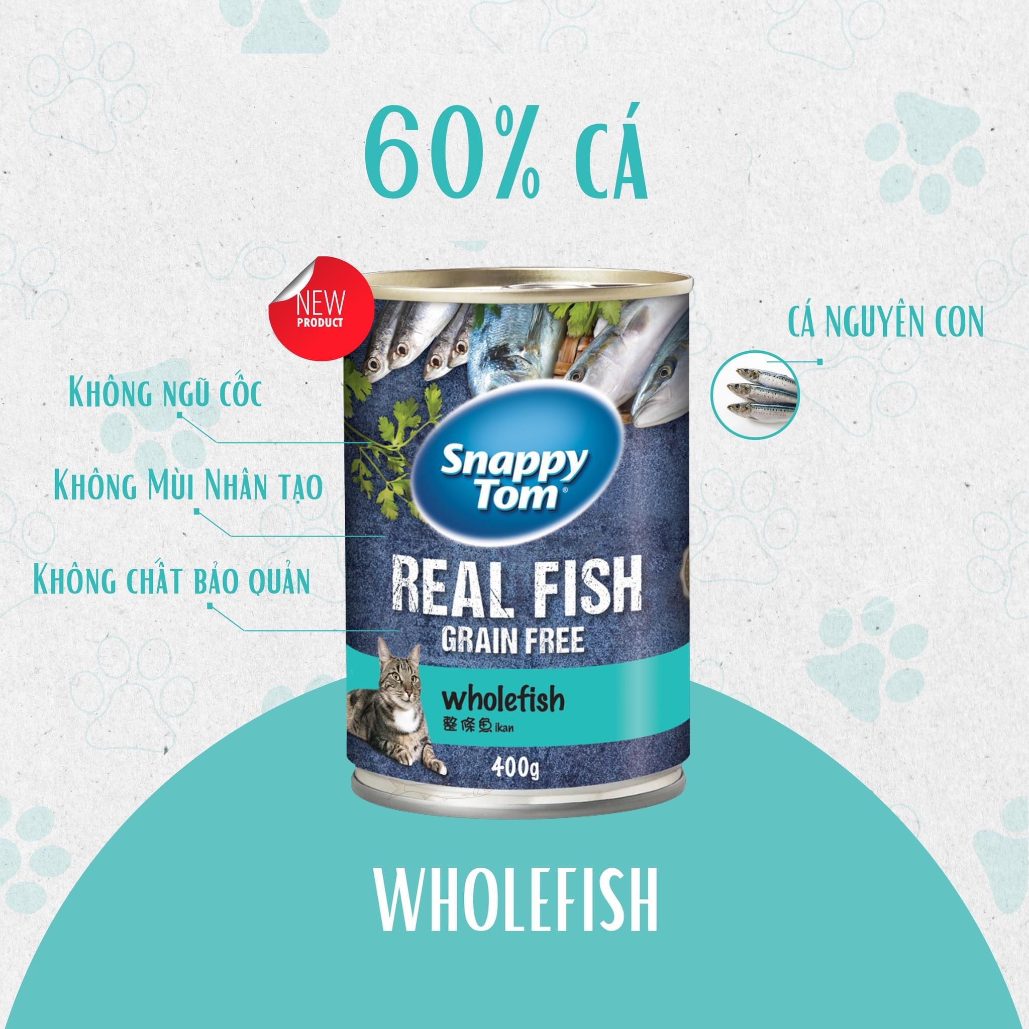 ￼Pate Snappy Tom Real Fish Grain Free cho mèo mọi lứa tuổi [ lon 400g