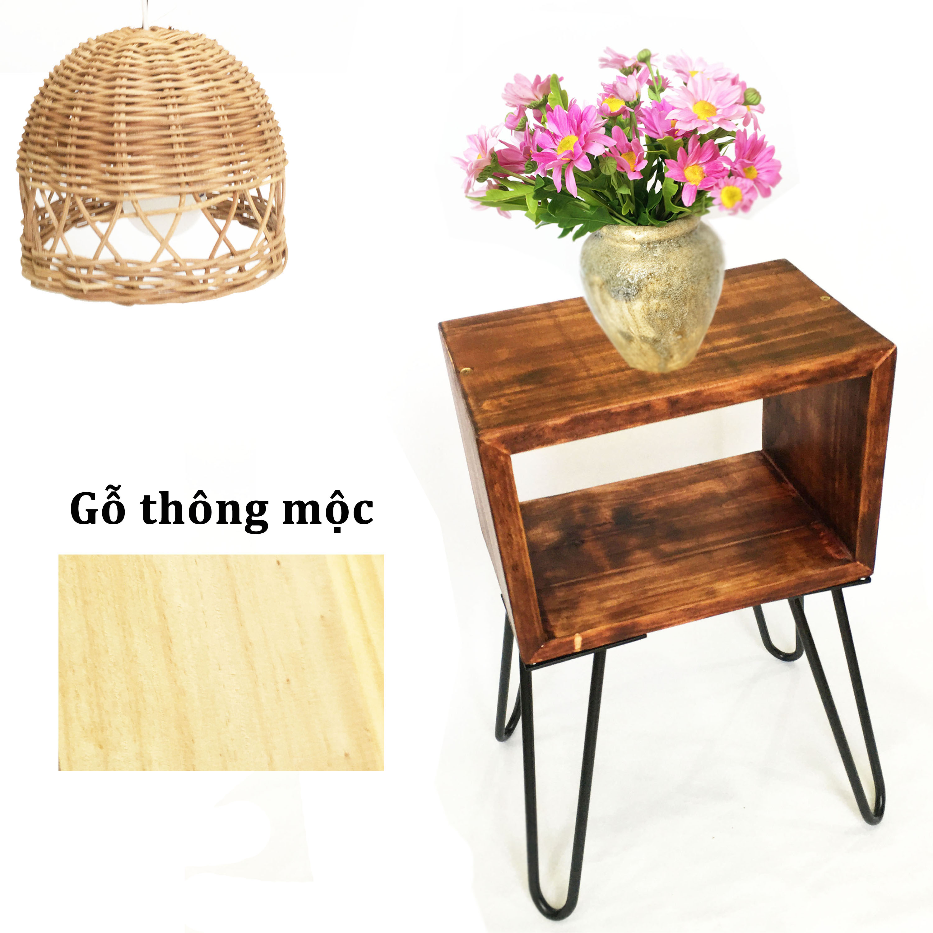 Bàn gỗ thông D30xR20xC50cm, 4 chân sắt làm bàn kê đầu giường decor bàn trà
