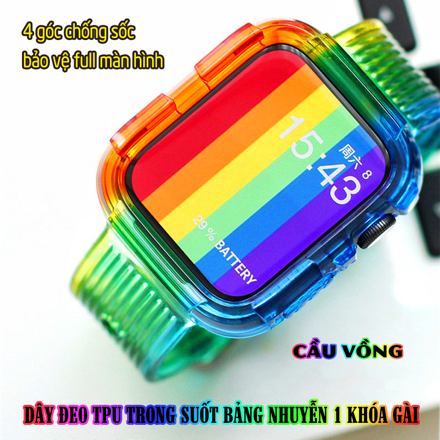 Dây Đeo liền ốp dành cho Apple Watch 7/6/5/4/3/2/1 size 38/40/41/42/44/45mm TPU trong suốt bản nhuyễn 1 khóa gài - Cầu Vồng