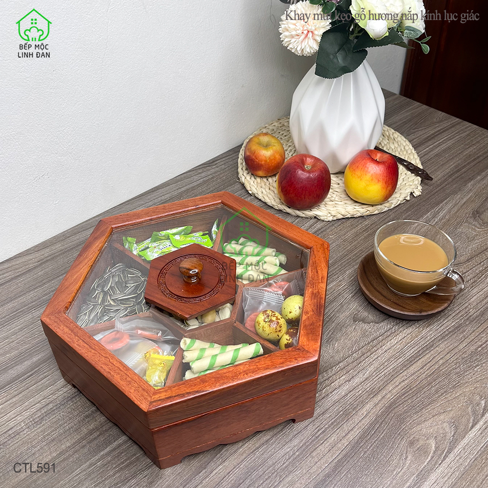 Khay gỗ Hương đựng bánh kẹo, mứt tết - Nắp kính hình lục giác, mẫu mới nhất - CTL591