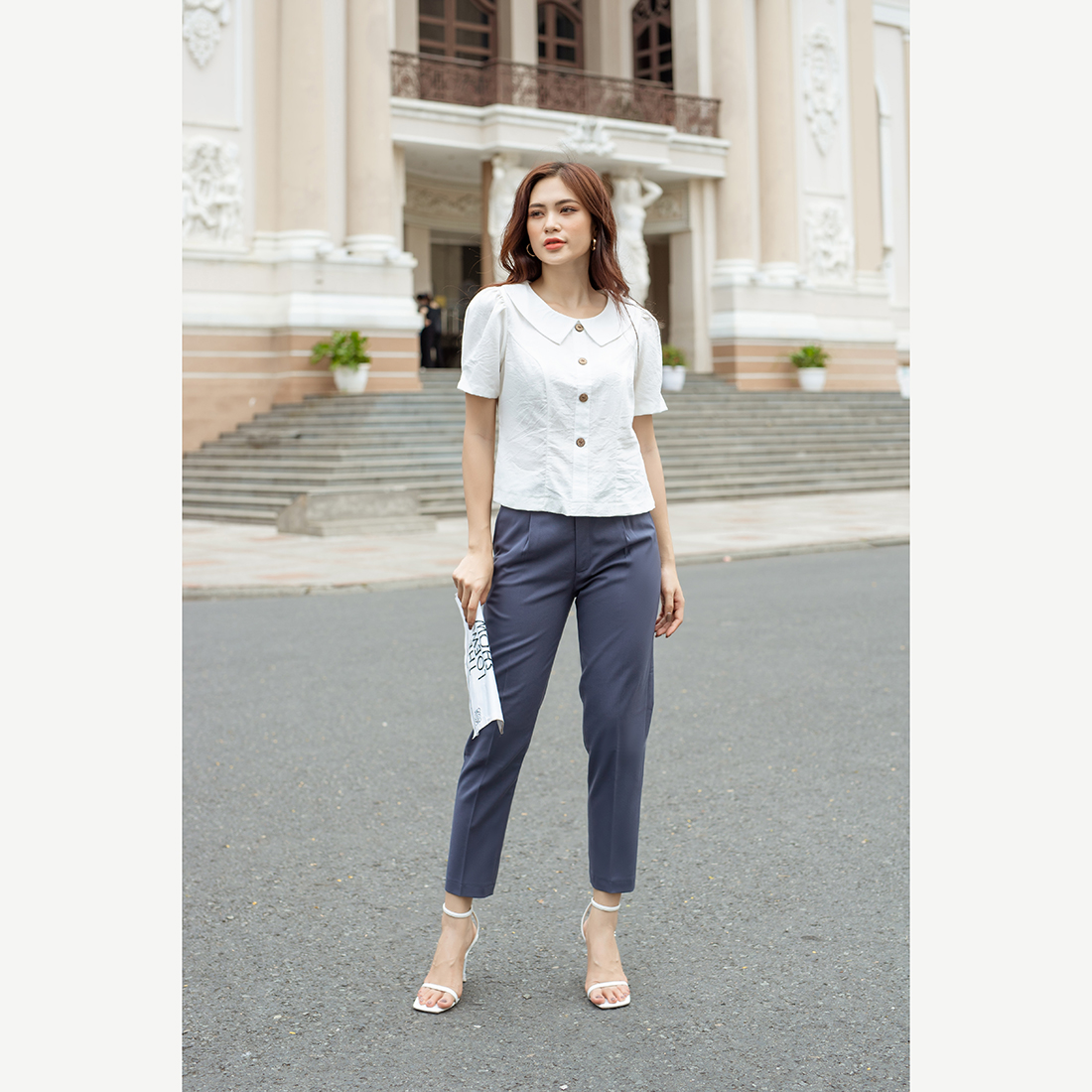 Áo sơ mi kiểu nữ cổ sen nhọn phối nút thiết kế thời trang Eden chất liệu cotton xược thoải mái thoáng mát - ASM184