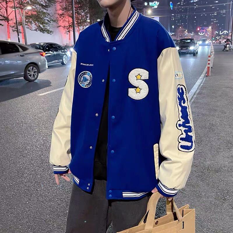 Áo Khoác Bomber Jacket Dù 2 Lớp LOGO S Varsity Form Rộng Nam Nữ Unisex Couple Phong Cách Hàn Quốc Ulzzang