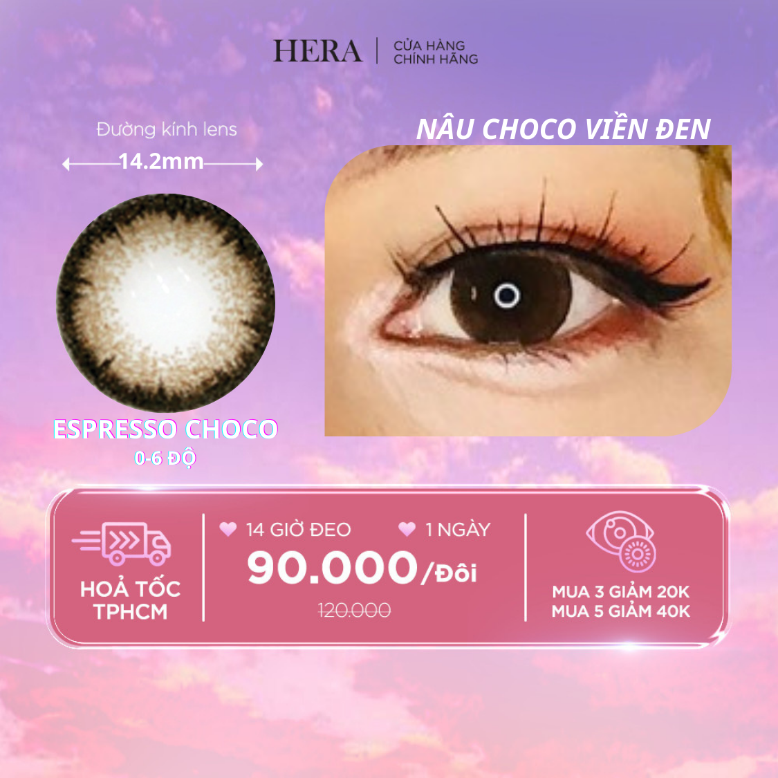 Kính Áp Tròng Hera Nâu Choco Viền Đen 0 - 6 Độ ESPRESSO CHOCO Nhập Khẩu Hàn Quốc Lens Cận 1 Ngày