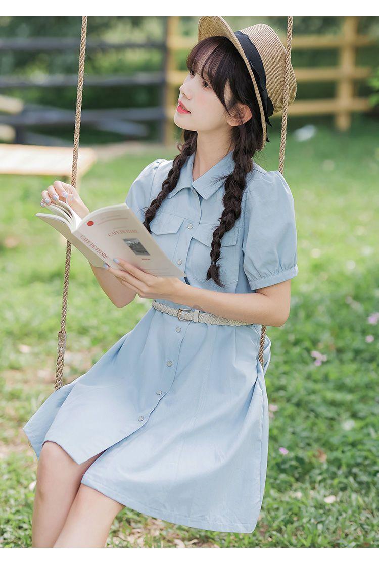 CHENGRUI Tặng thắt lưng, váy ngắn tay, váy ngắn tay, váy mùa hè, váy thắt lưng.
