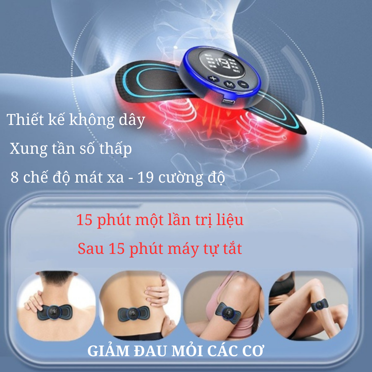 Máy Massage Xung Điện EMS,Miếng Dán Massage Xung Điện Cổ Vai Gáy,màn hình LED-8 Kĩ Thuật Massage chuyên nghiệp-19 mức cường độ,Giúp thư giãn các cơ,giảm đau mỏi vai gáy,giảm đau nhức cột sống lưng hiệu quả