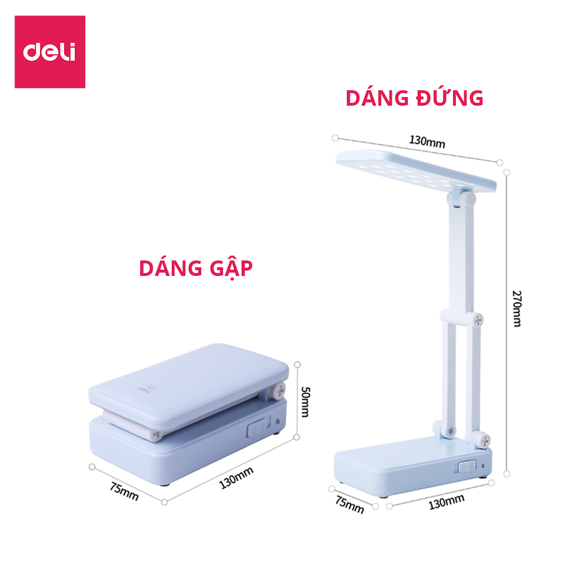 Đèn học để bàn tích điện gấp gọn Deli - 2 mức độ sáng -Đọc sách, làm việc (Học sinh, Sinh viên, Văn phòng) - 3676