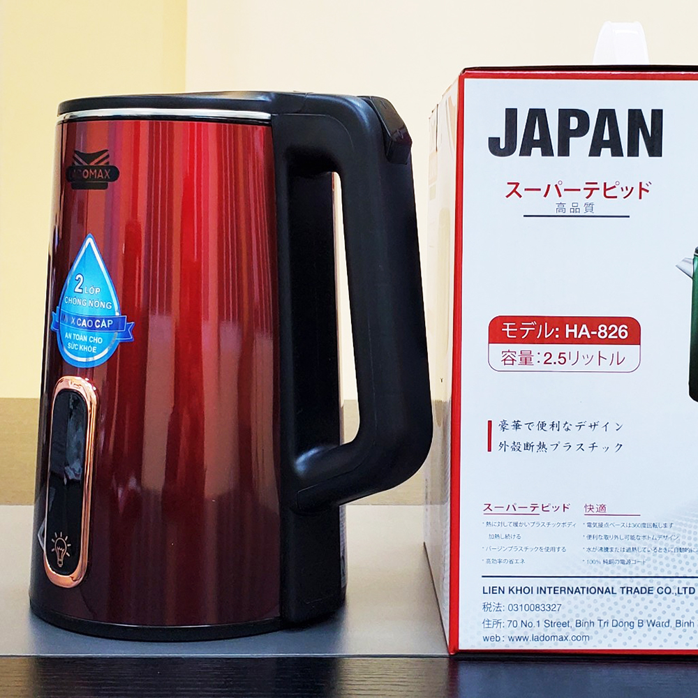 Ấm siêu tốc 2.5L Ladomax HA-826 thiết kế 2 lớp, lòng ấm bằng inox 304 không gỉ, tự ngắt khi đun cạn nước - Hàng chính hãng