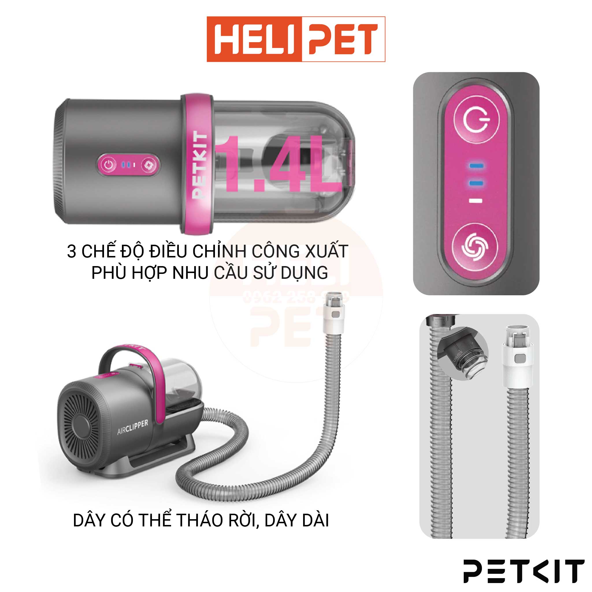 Máy Cắt, Tỉa, Hút Lông Chó Mèo 5 Công Dụng PETKIT AirClipper 5-in-1 Pet Grooming Kit - HeLiPet